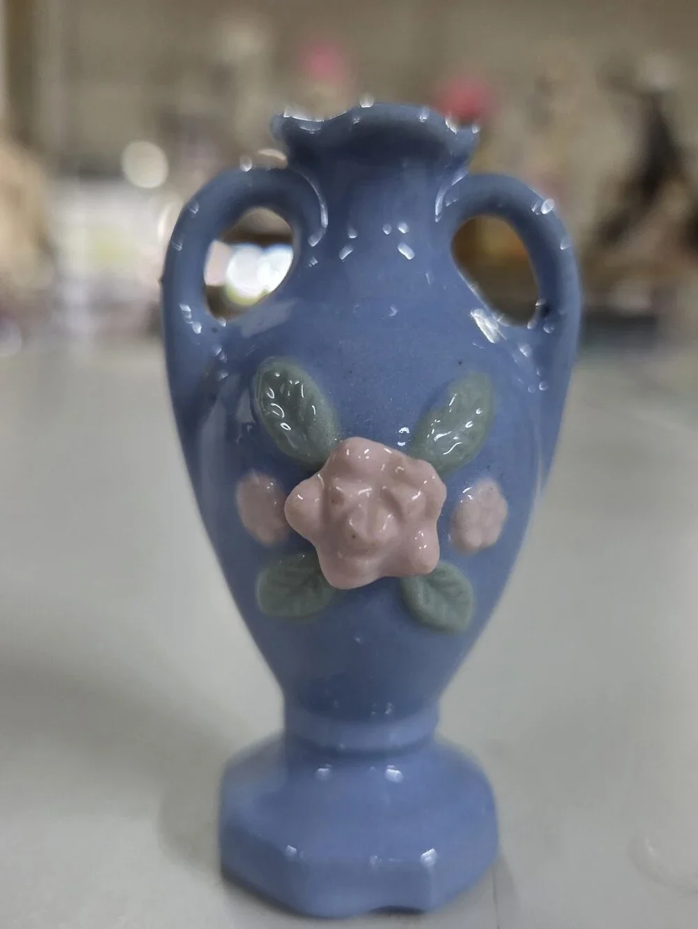 Vintage Japan Miniature Ceramic Bud Vase Blue Pink Applied Rose Amphora 2.75”